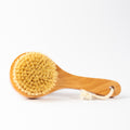 A wooden body brush with natural tan bristles and a light wood handle, shown on a plain white background.