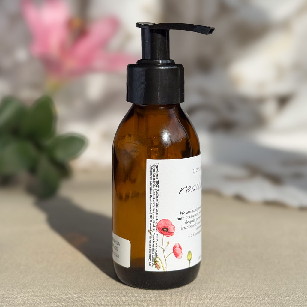 Body oil by Gesalfde in a glass pump bottle, promoting skin nourishment and self-care.