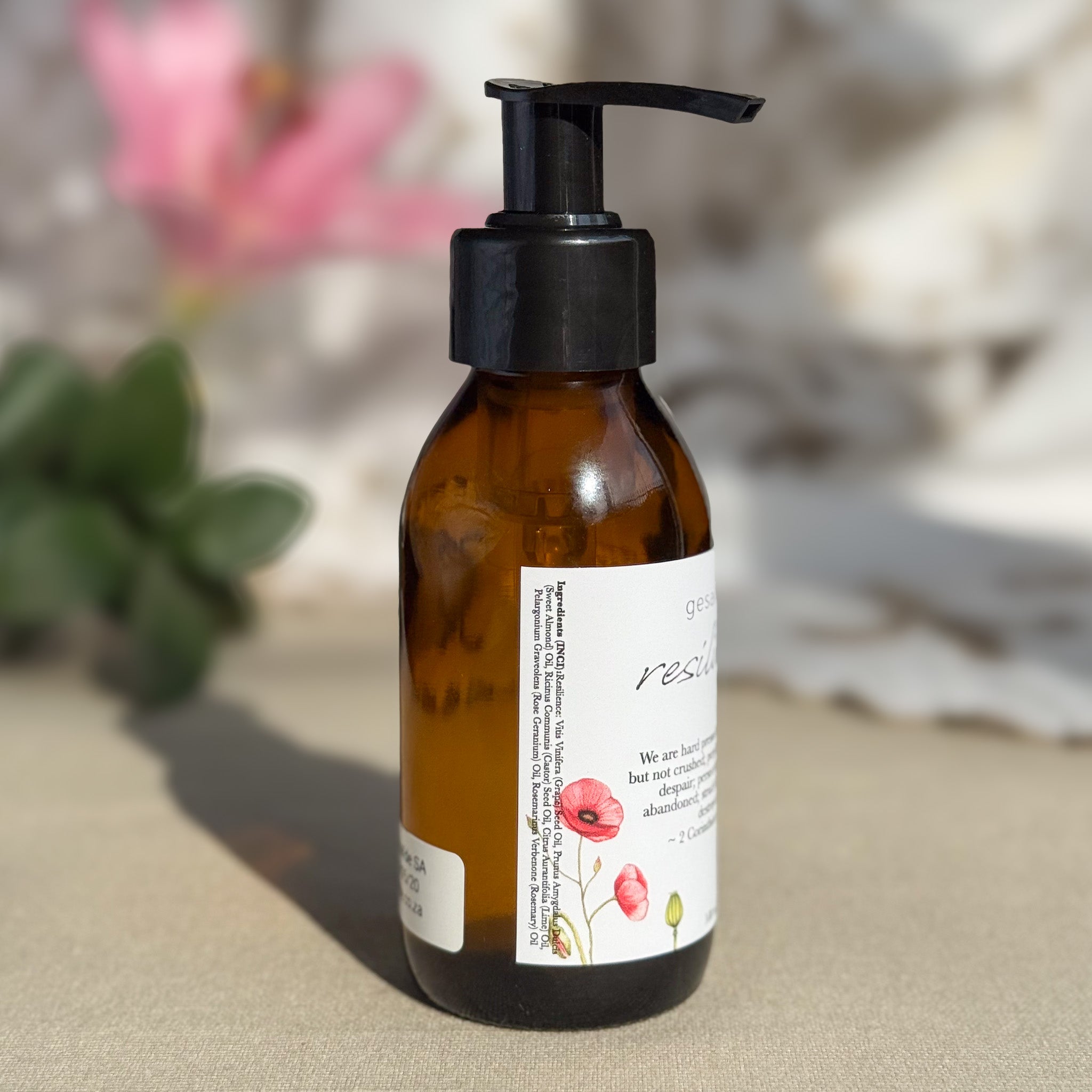 Body oil by Gesalfde in a glass pump bottle, promoting skin nourishment and self-care.