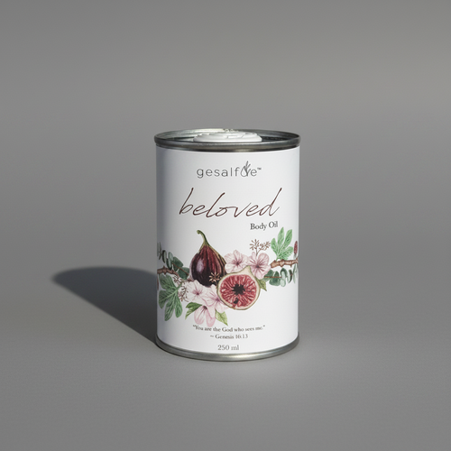 Body oil by Gesalfde in a decorative can, promoting skin nourishment and self-care.