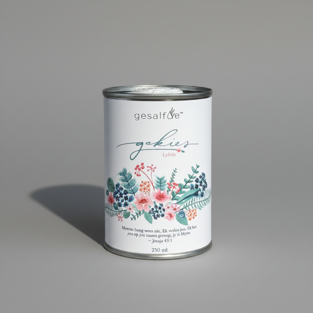 Body oil by Gesalfde in a decorative can, promoting skin nourishment and self-care.
