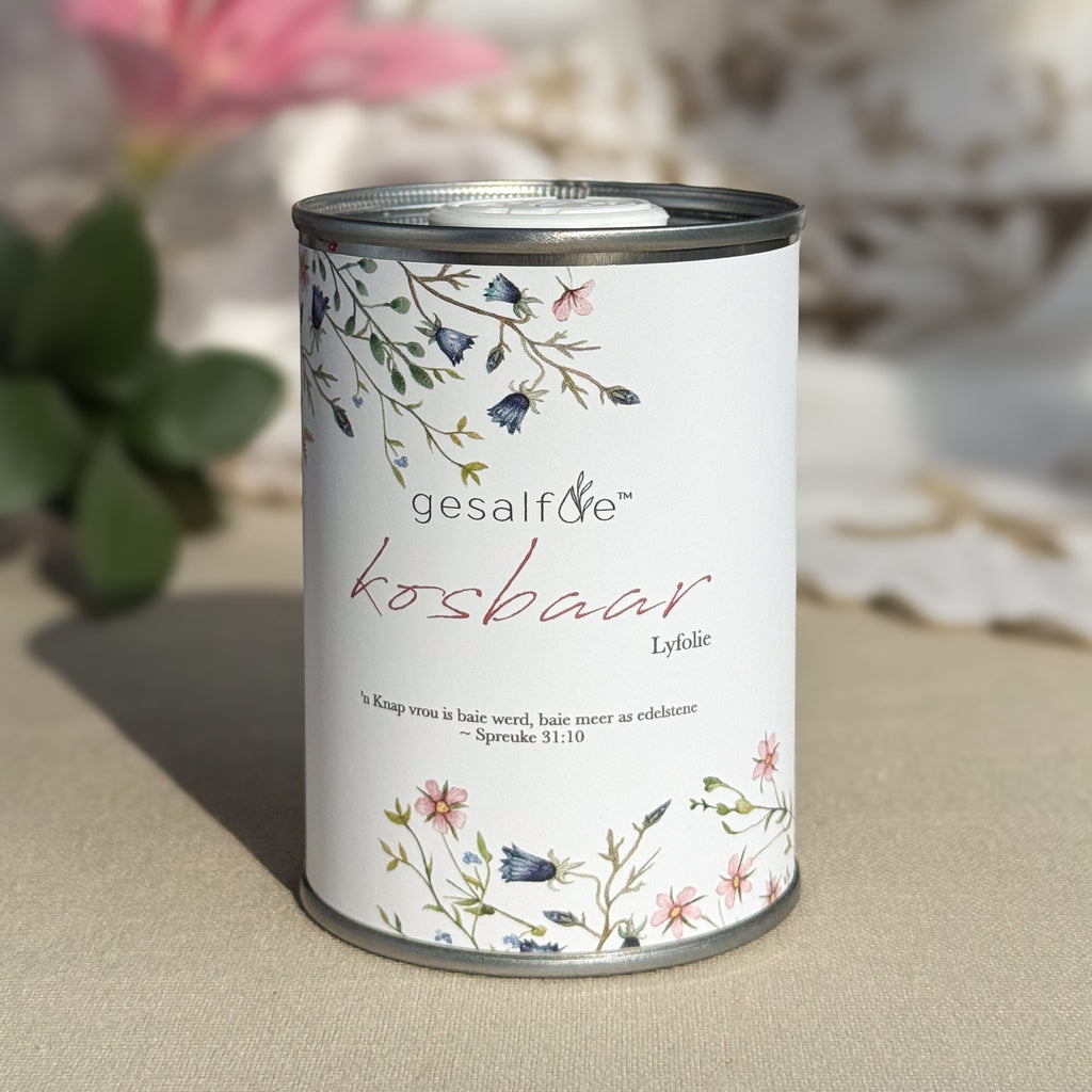 Body oil by Gesalfde in a decorative can, promoting skin nourishment and self-care.