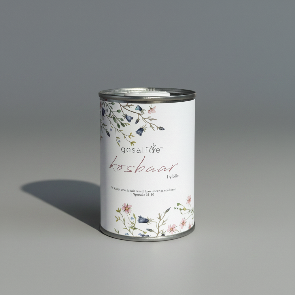 Body oil by Gesalfde in a decorative can, promoting skin nourishment and self-care.