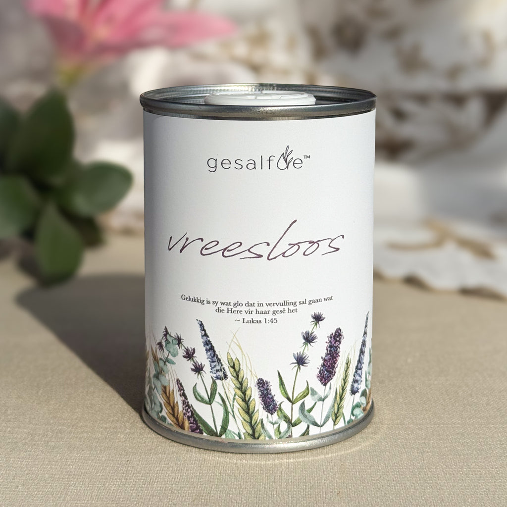 Body oil by Gesalfde in a decorative can, promoting skin nourishment and self-care.