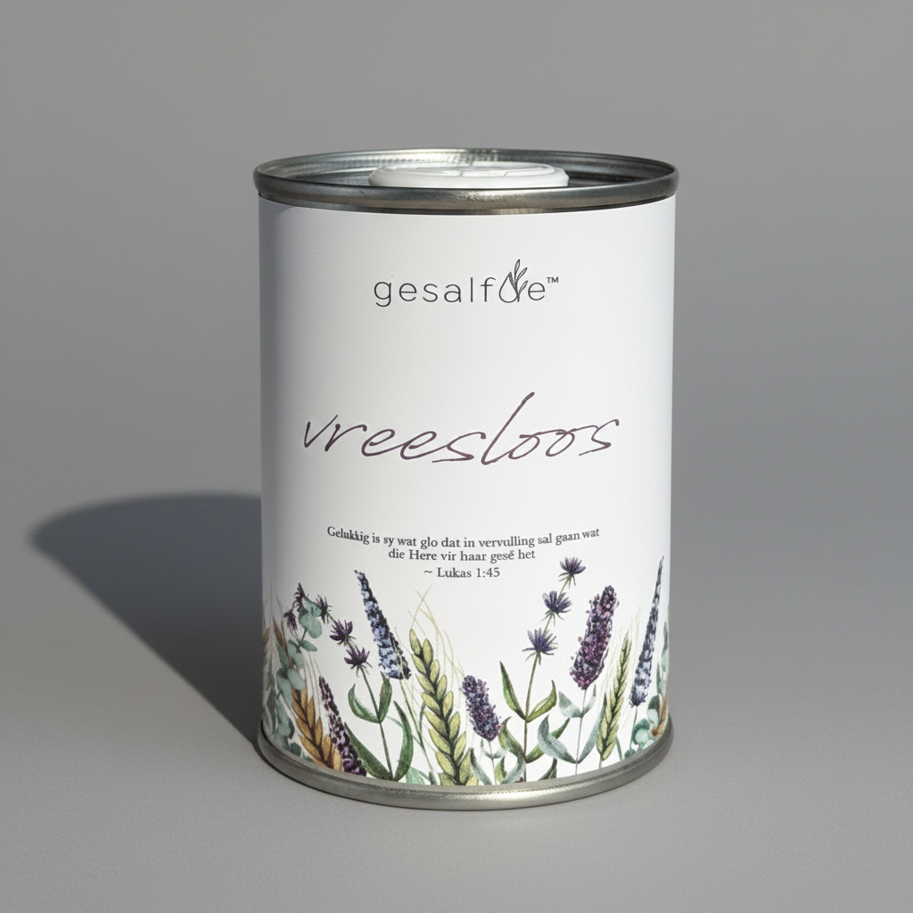 Body oil by Gesalfde in a decorative can, promoting skin nourishment and self-care.