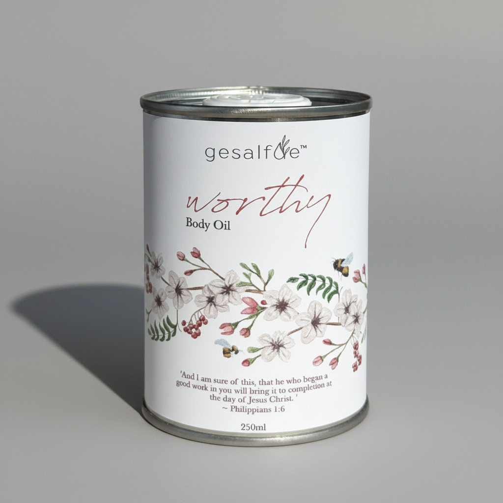 Body oil by Gesalfde in a decorative can, promoting skin nourishment and self-care.