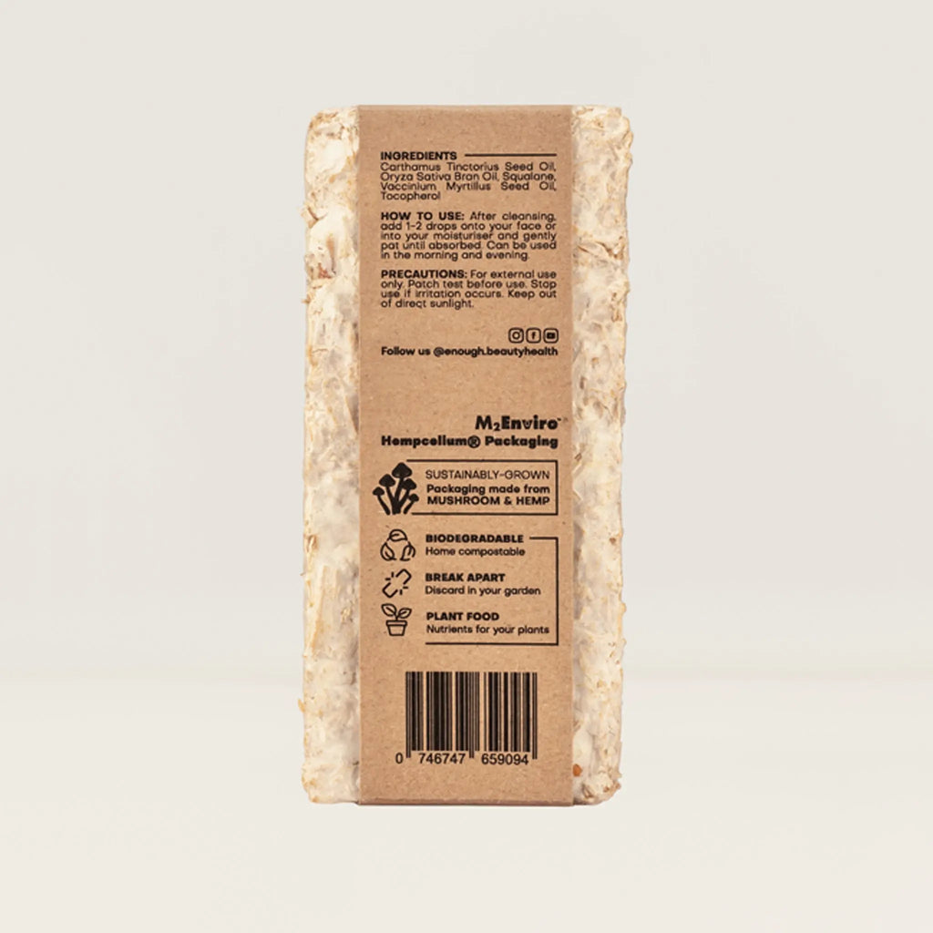 Back of a brown packaging with ingredients and usage text 