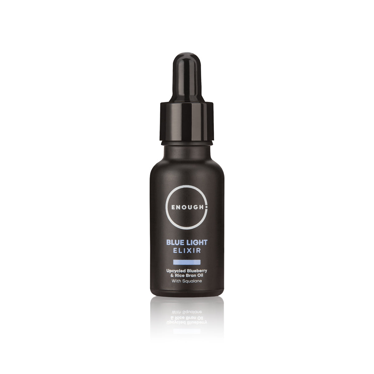 Black bottle of 'Enough' Blue Light Elixir on a white background
