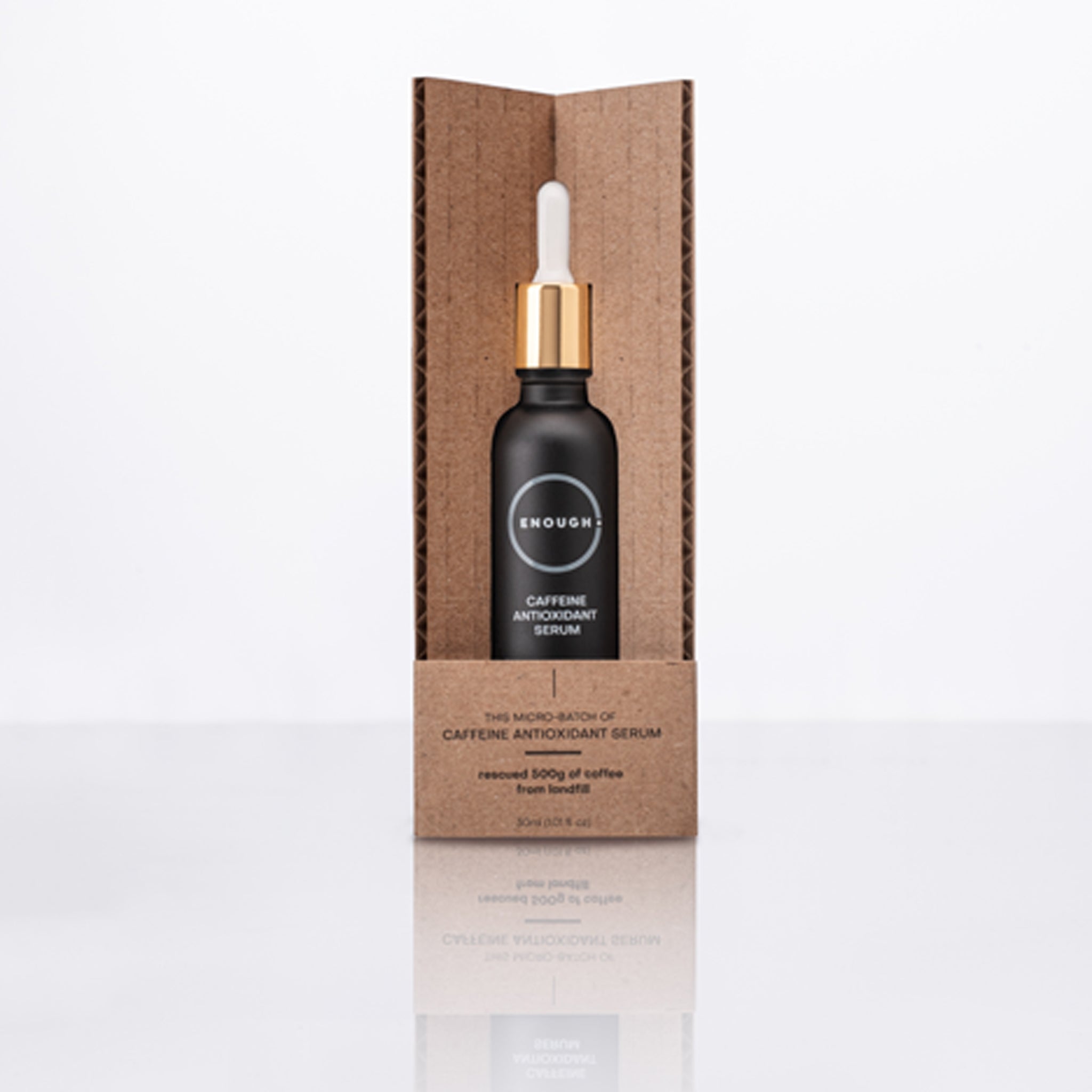 Skincare serum bottle with dropper containing Caffeine Antioxidant serum in a cardboard packaging on a white background