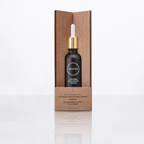 Skincare serum bottle with dropper containing Caffeine Antioxidant serum in a cardboard packaging on a white background