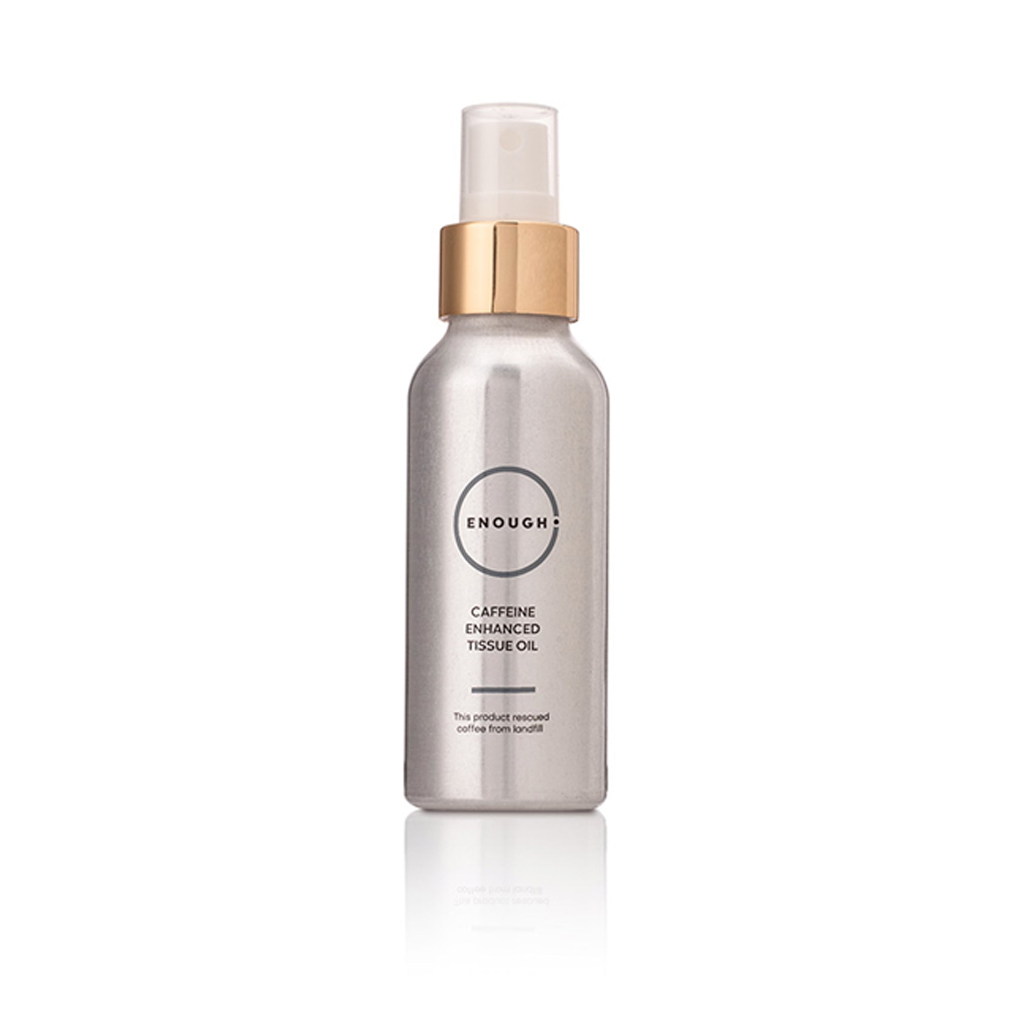 Silver bottle with gold cap containing Caffeine Enhanced Tissues Oil on a white background