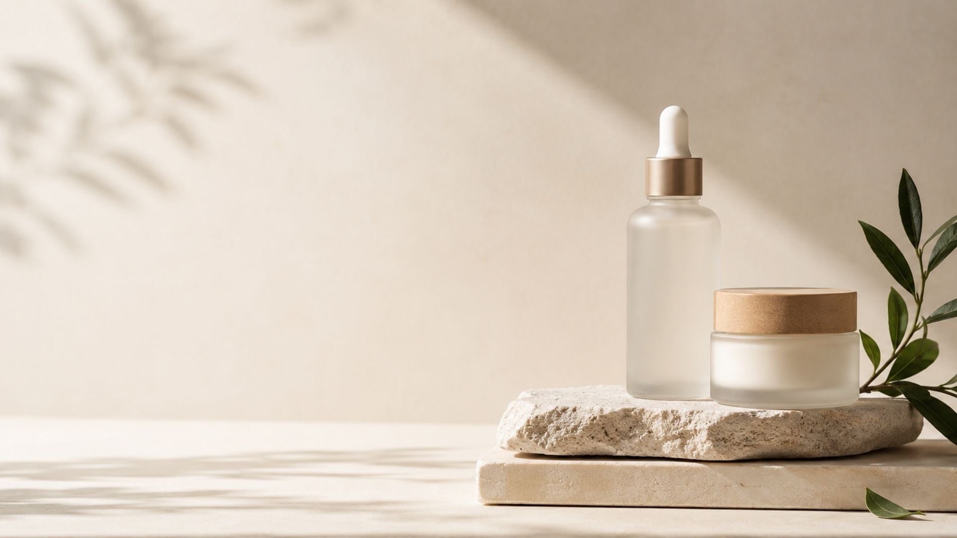 Beauty products on white stone with cream background