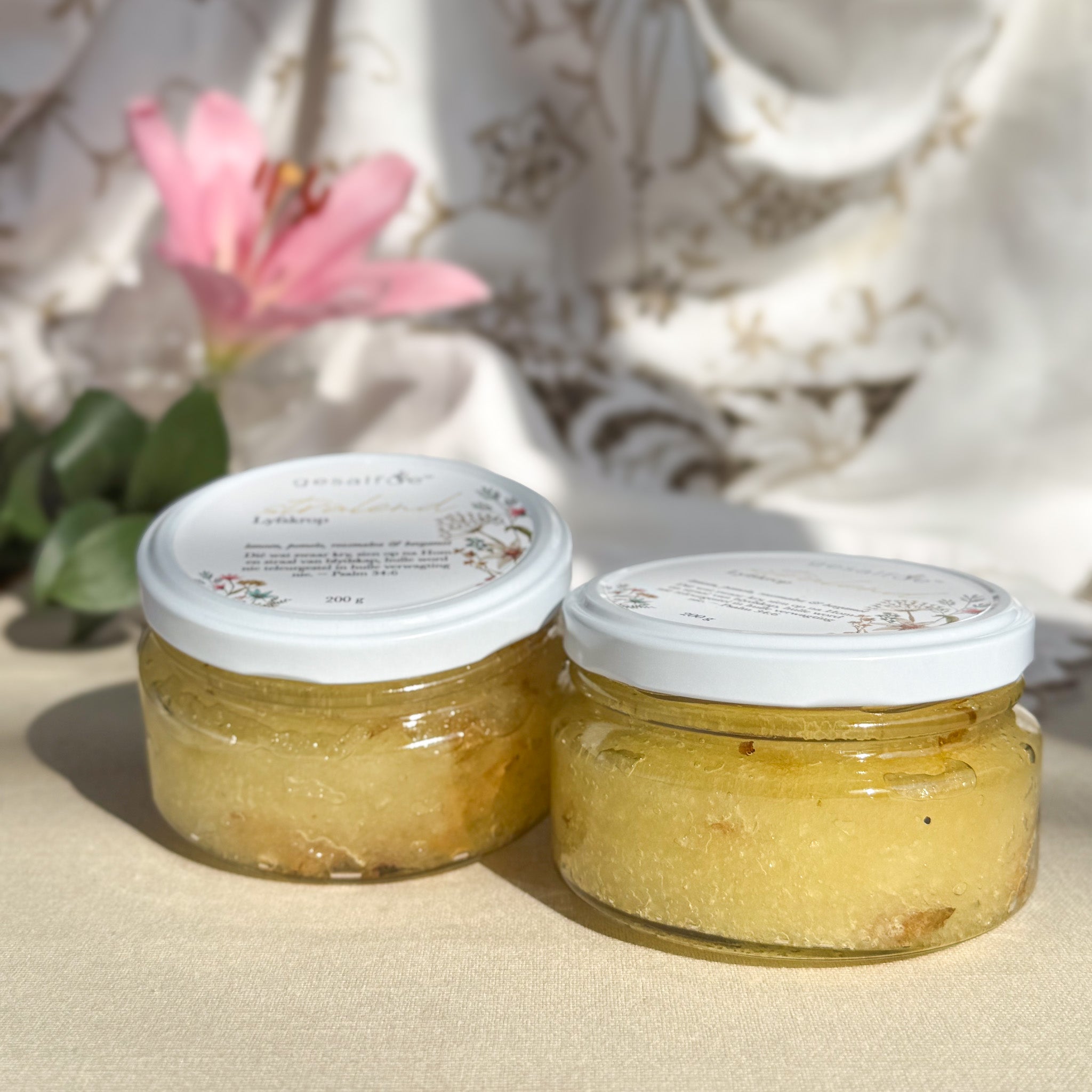 Body Scrub in glass jars with Epsom salts and essential oils
